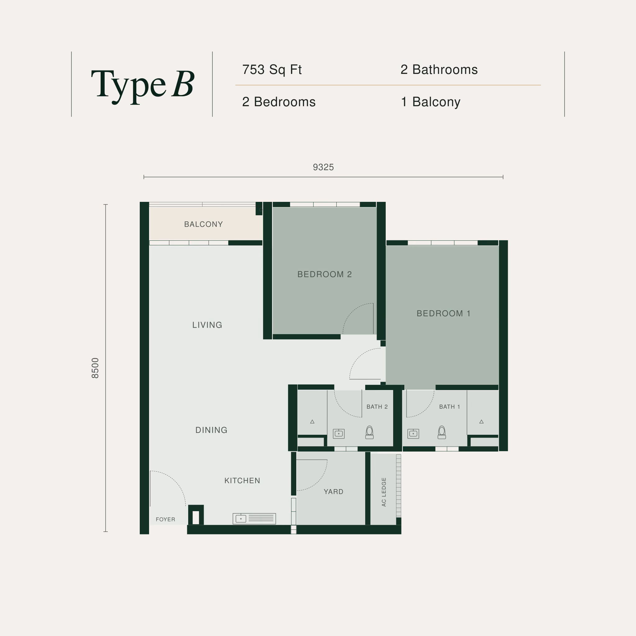 Bodaiju Residences Type B floor plan, 753 sq ft, labelled room by room: Bedroom 1 and Bedroom 2, Bath 1 and Bath 2, an open Living and Dining space, Kitchen, Foyer, a Yard with an air-conditioner ledge, and a Balcony off the living area. Overall dimensions 9,325 by 8,500 millimetres