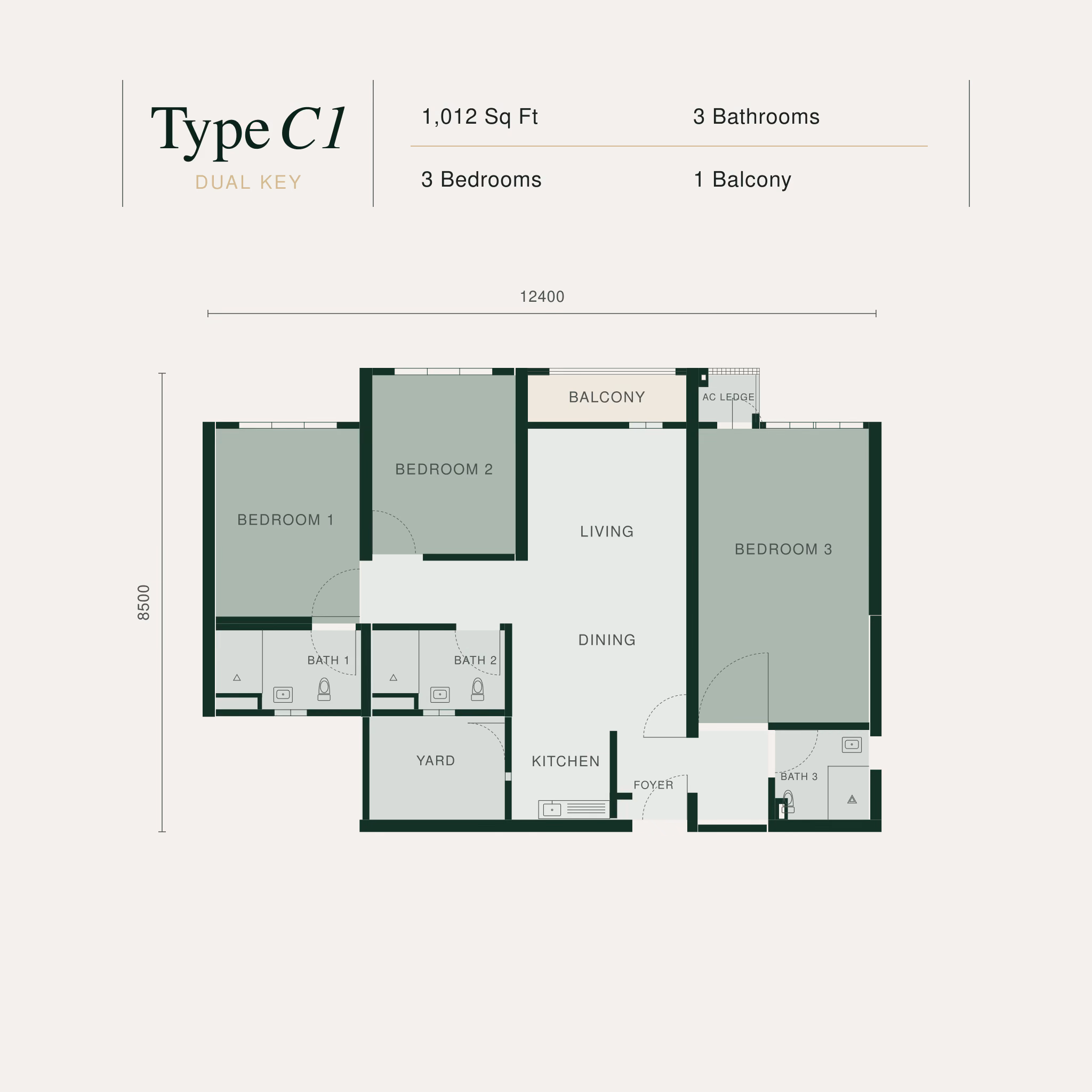 Bodaiju Residences Type C1, 1,012 sq ft, three-bedroom dual-key floor plan labelled room by room. Bedroom 1 and Bedroom 2 sit on the left above Bath 1 and Bath 2. An open Living and Dining space runs through the middle, with the balcony and an air-conditioner ledge along the top and the Kitchen and laundry Yard below. On the right, a second front door opens into its own Foyer, off which Bedroom 3 and Bath 3 each have their own door, and a further door links that foyer back into the Dining area. Overall dimensions 12,400 by 8,500 millimetres.
