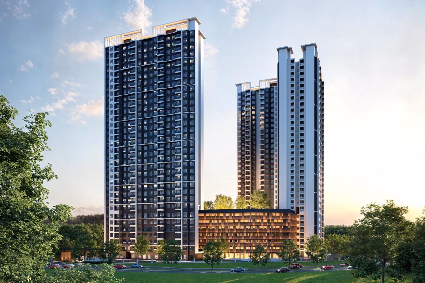Bodaiju Residences twin towers at dusk with lit retail podium, artist's impression