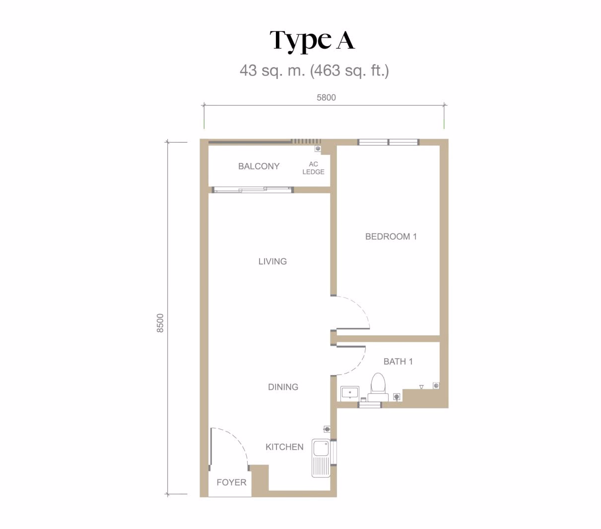 Type A floor plan: 1 bedroom, 463 sq ft