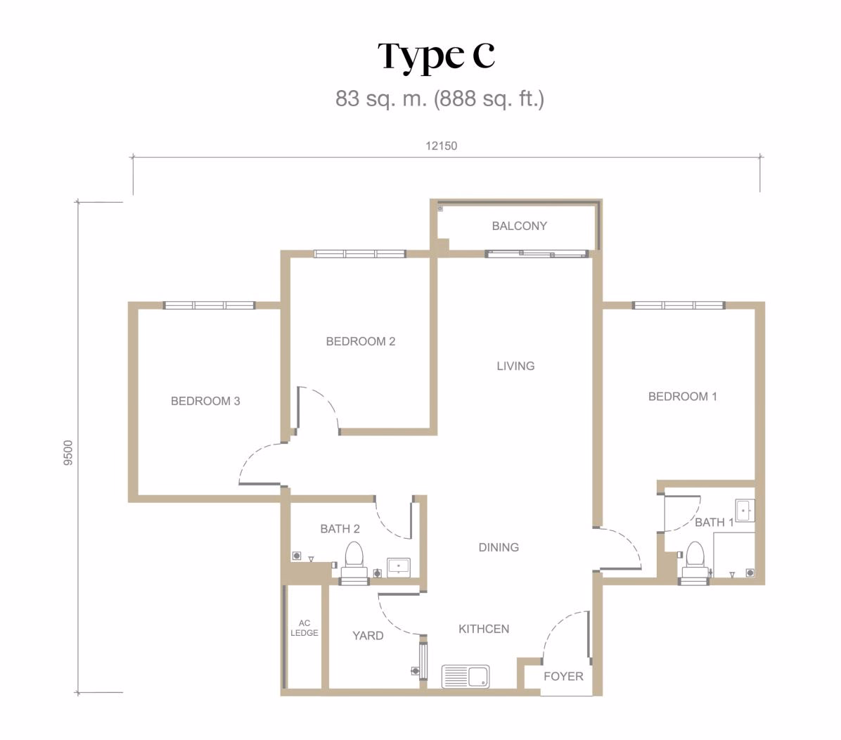 Type C floor plan: 3 bedroom, 893 sq ft