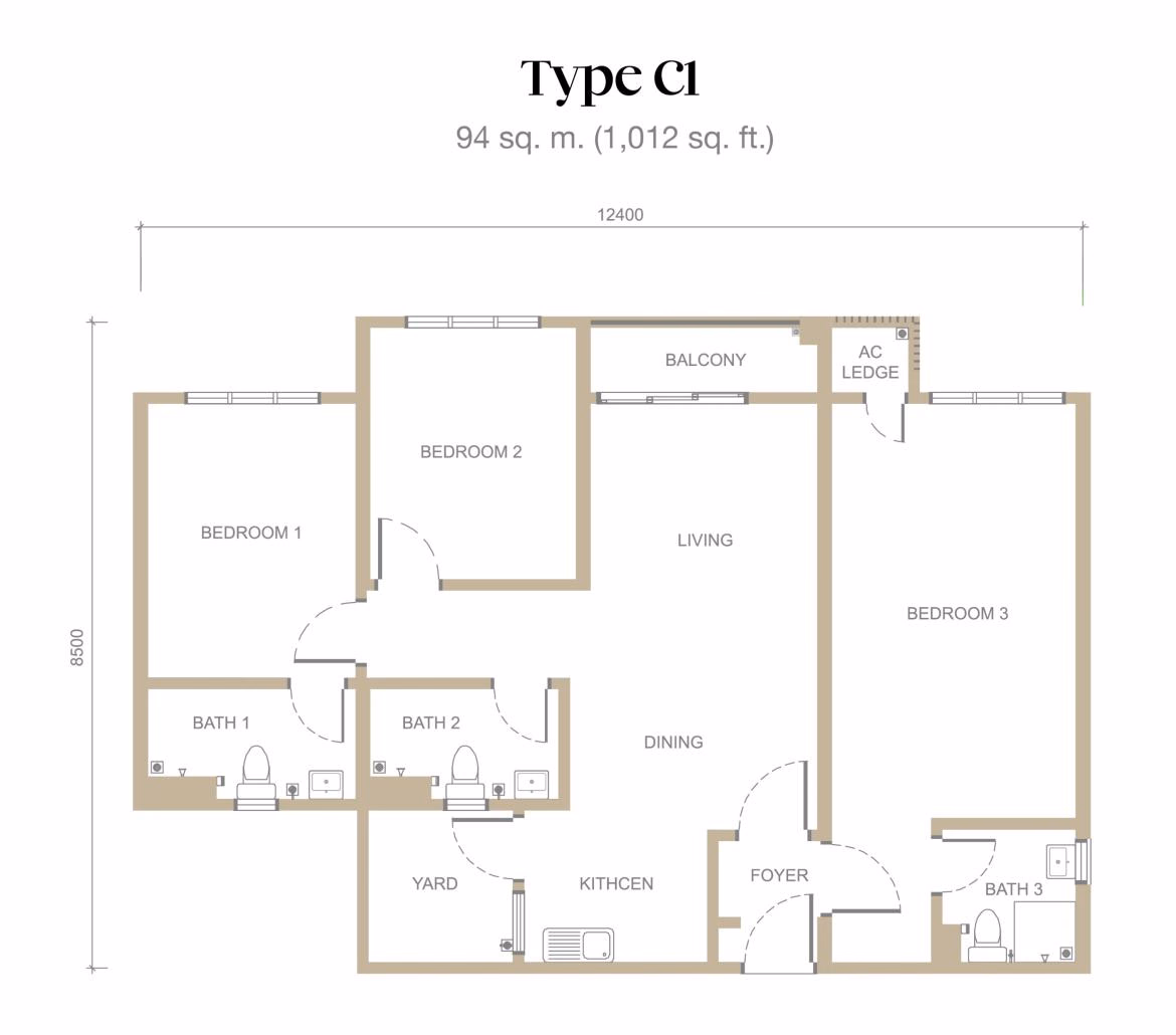 Type C1 floor plan: 3 bedroom, 1012 sq ft