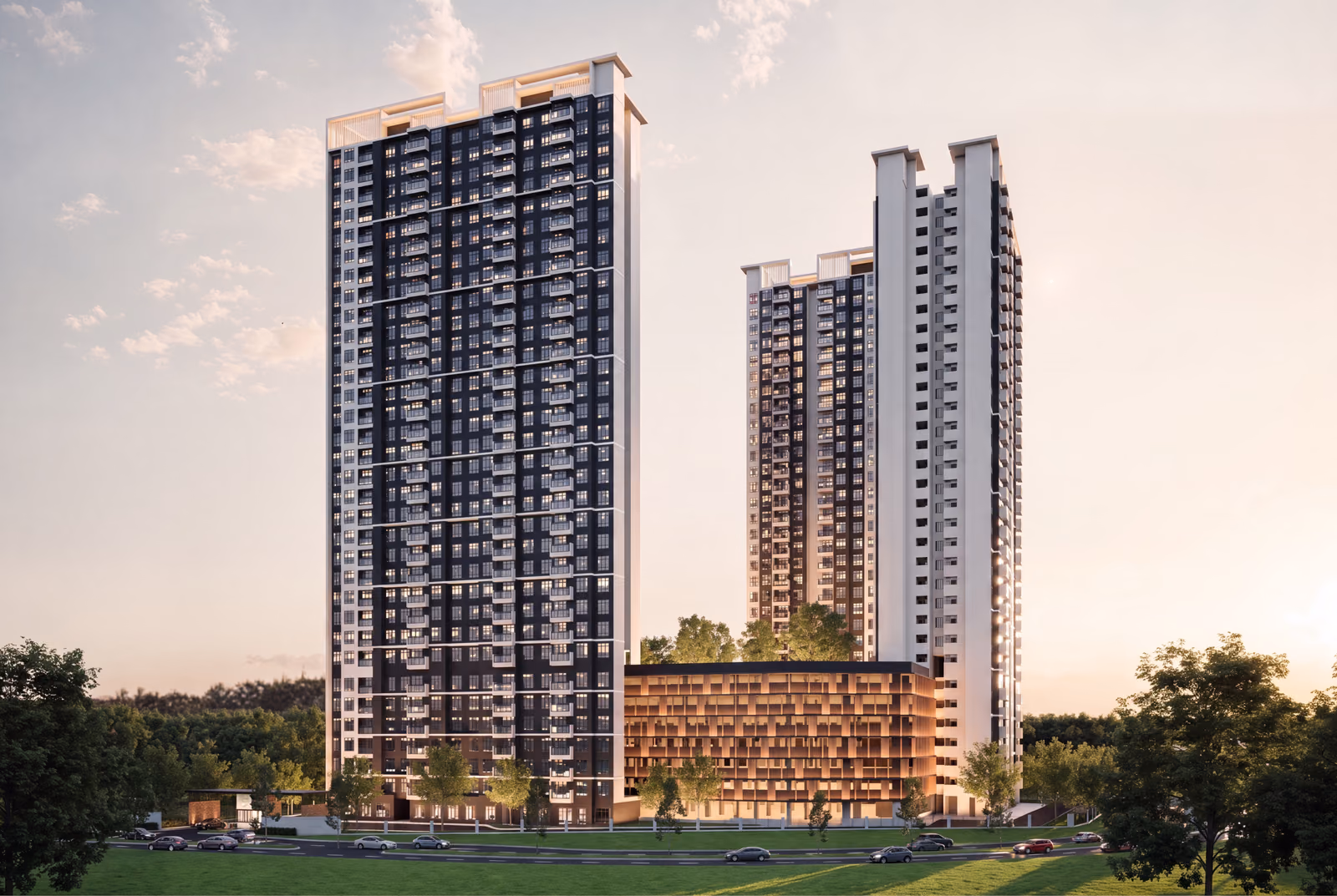 Artist's impression of the two towers of Bodaiju Residences in Medini at dusk, the development now under construction in Iskandar Puteri, Johor.